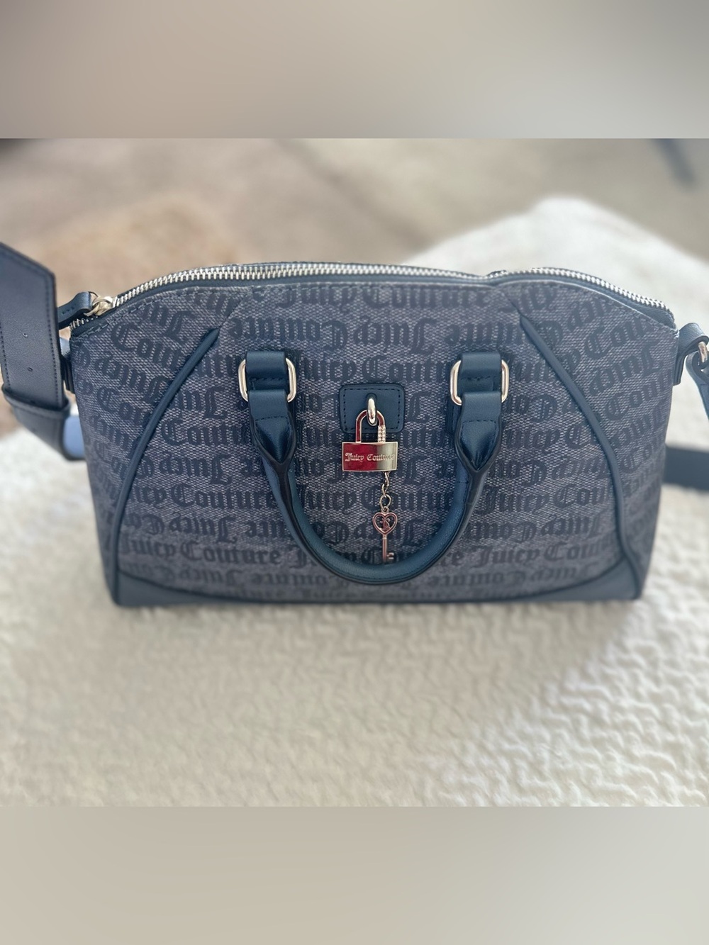 Juicy Couture Navy Monogram Satchel with Heart Key Charm
